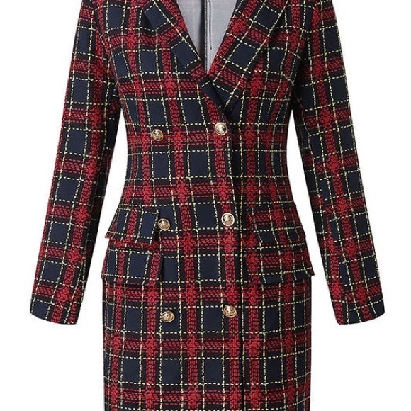 Plaid Women's Blazer Dress - Red and Navy - Picture 2 of 10